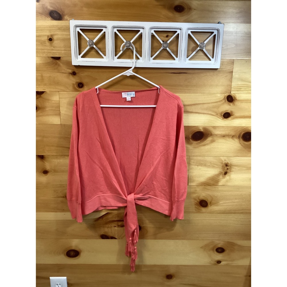 Belle Beach Kim Gravel Coral Pink Tie Front Tassel Cardigan Sweater Womens L